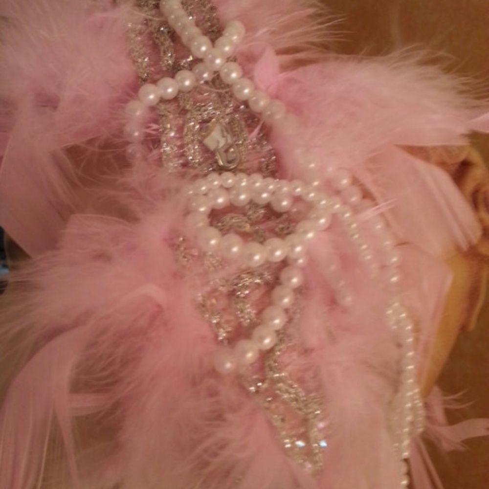 Pink Feather Pearl Rhinestone Bridal Headpiece - Picture 5 of 5